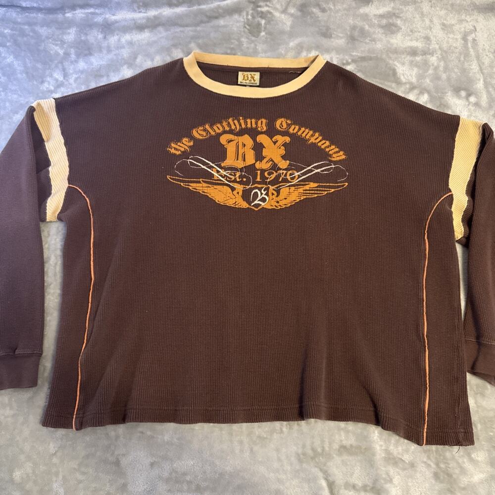 Vintage BX Clothing Company Waffle Knit Shirt Mens XL Brown Y2K Graphic Thermal
